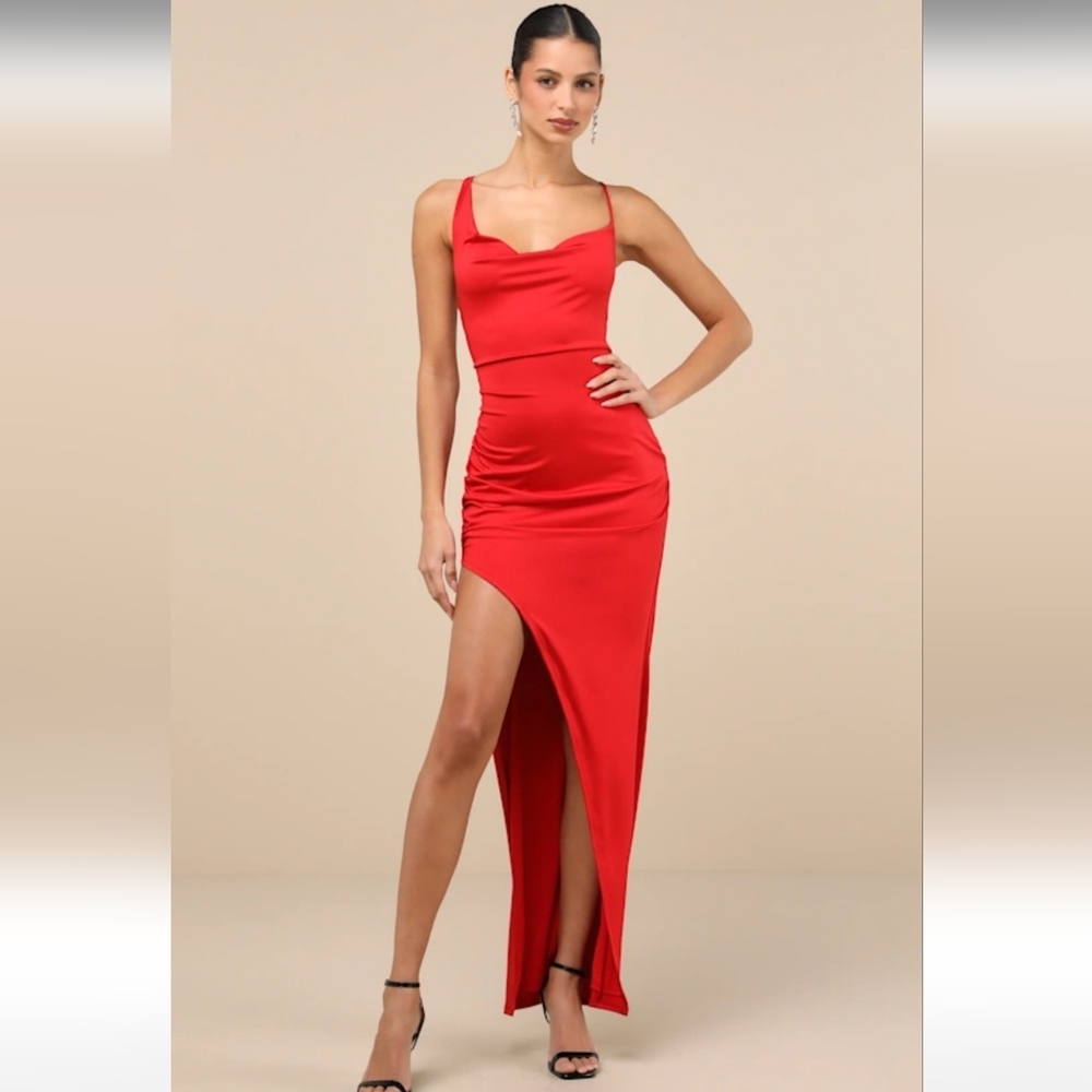 Lulus Stunning Perception Red Slinky Lace-up Cowl Neck Side Zip Maxi Gown NWT XL